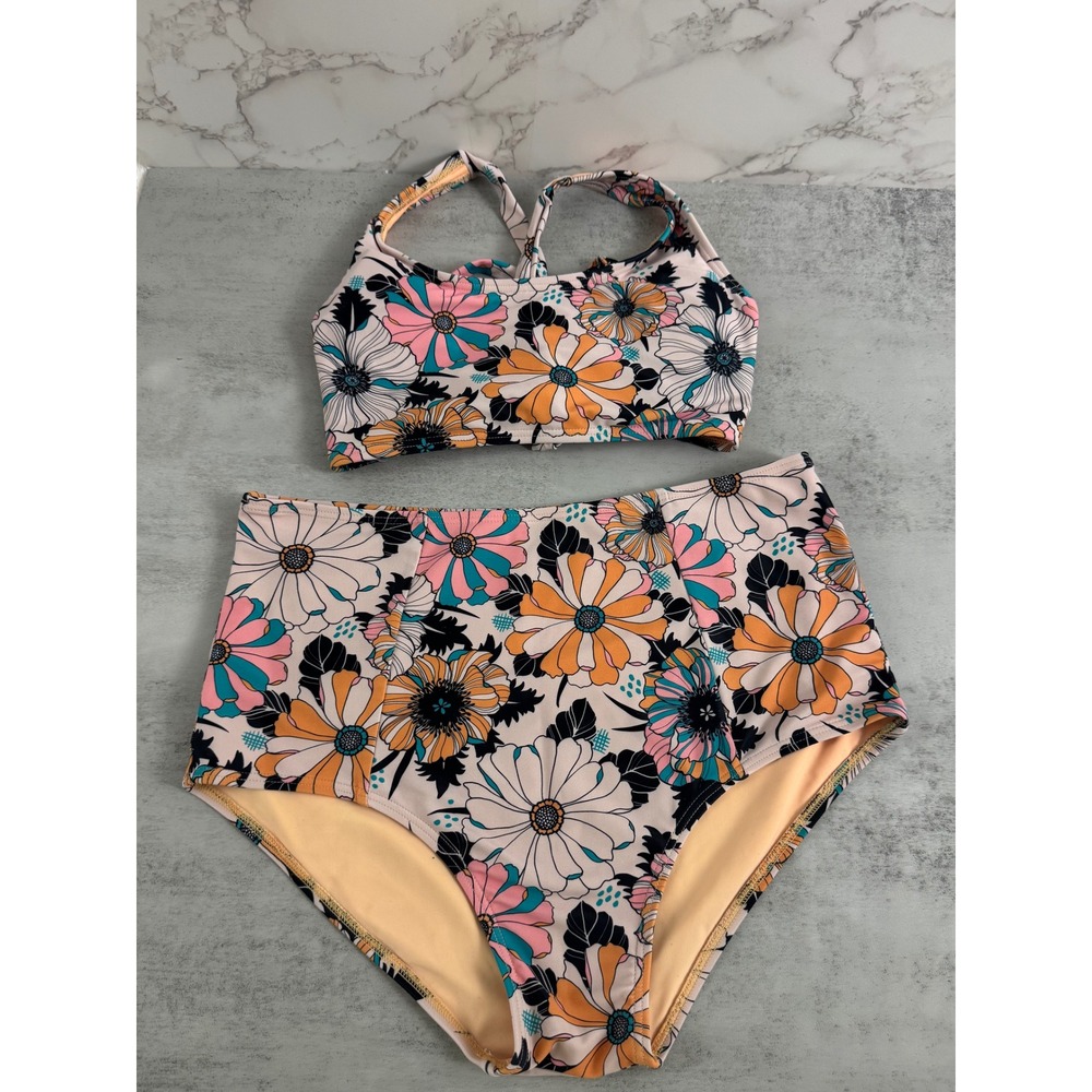 Kulani Kinis Floral High Waisted Bikini Set Lace Up Back Retro Orange Pink L